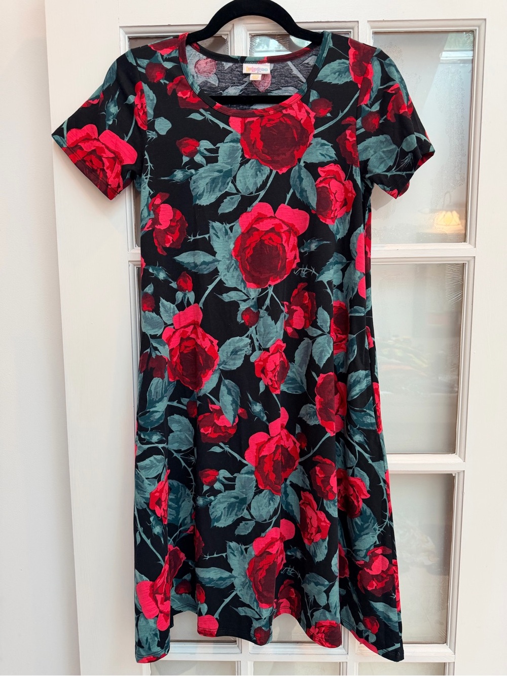 LuLaRoe Jesse Black Floral A-Line Midi Dress Red Roses Pockets Size XXS
